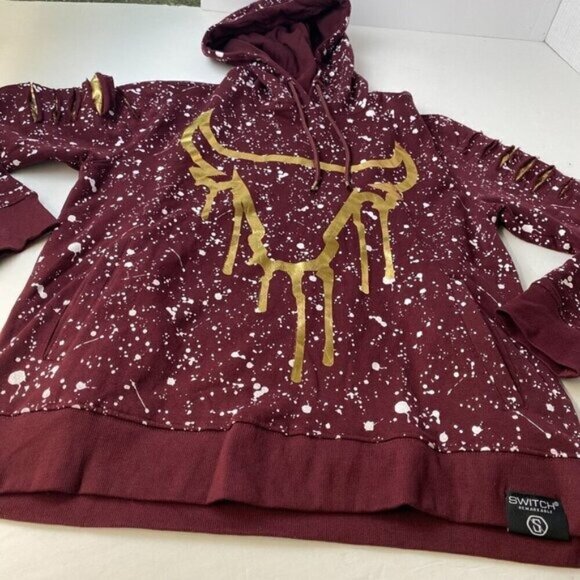 Switch Remarkable Burgundy Splatter Print Hoodie With Golden Bull Design Size L - Picture 9 of 9